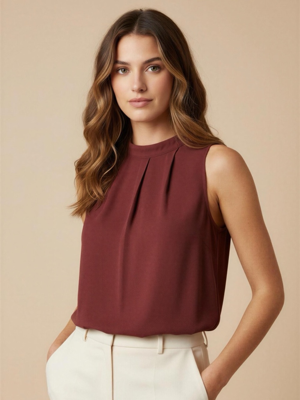 Naked Zebra Pleated Sleeveless Lightweight Burgundy Blouse